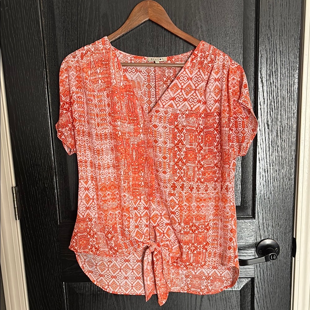 Beacon Pink Short Sleeve Wrap Blouse with Tie Front